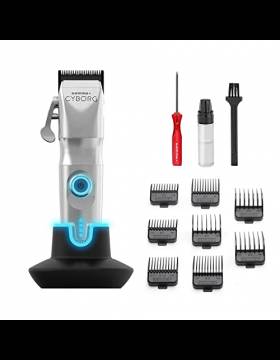 GAMMAPIÙ Cyborg Tagliacapelli Uomo Professionale, Clipper con Motore Digitale Brushless, 200 Min. Autonomia Senza Fili, 2 Leve Lama Regolabile 0 Gap, 8 Pettini, Base di Ricarica, Corpo in Metallo