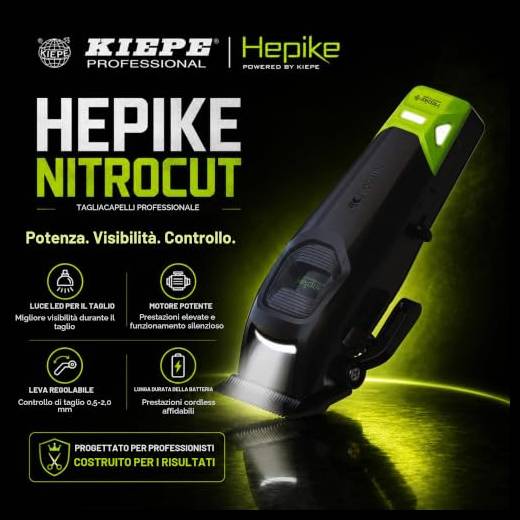 Kiepe Hepike 6371 - Tagliacapelli professionale, senza fili/cavi, motore brushless 8000 giri/min, luce LED, 6 inserti da 1,5 a 13 mm, batteria al litio, base di ricarica, Barber Clipper