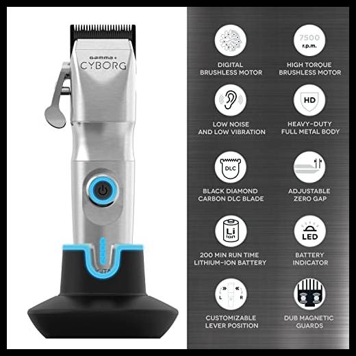 GAMMAPIÙ Cyborg Tagliacapelli Uomo Professionale, Clipper con Motore Digitale Brushless, 200 Min. Autonomia Senza Fili, 2 Leve Lama Regolabile 0 Gap, 8 Pettini, Base di Ricarica, Corpo in Metallo