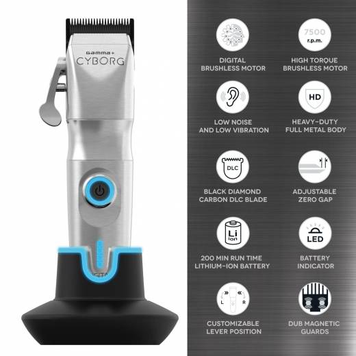 GAMMAPIÙ Cyborg Tagliacapelli Uomo Professionale, Clipper con Motore Digitale Brushless, 200 Min. Autonomia Senza Fili, 2 Leve Lama Regolabile 0 Gap, 8 Pettini, Base di Ricarica, Corpo in Metallo