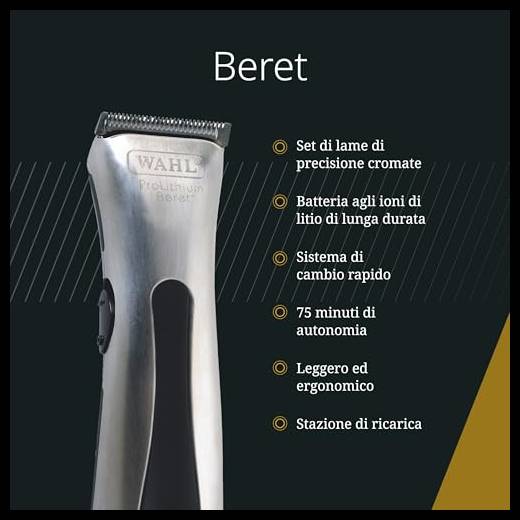 Wahl Beret - Tagliacapelli con e senza cavo con set di lame di precisione - Per la rifinitura e la bordatura, argento/nero