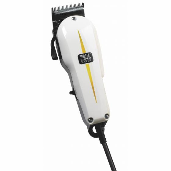 Wahl Super Taper, Tagliacapelli Professionale con Cavo, Nero/Bianco Highlight: Tagliacapelli con Cavo, Motore V5000 ad Alte Prestazioni, 4 Pettini 3-6-10-13 mm,Per Capelli Fini e Medi, Design Classico