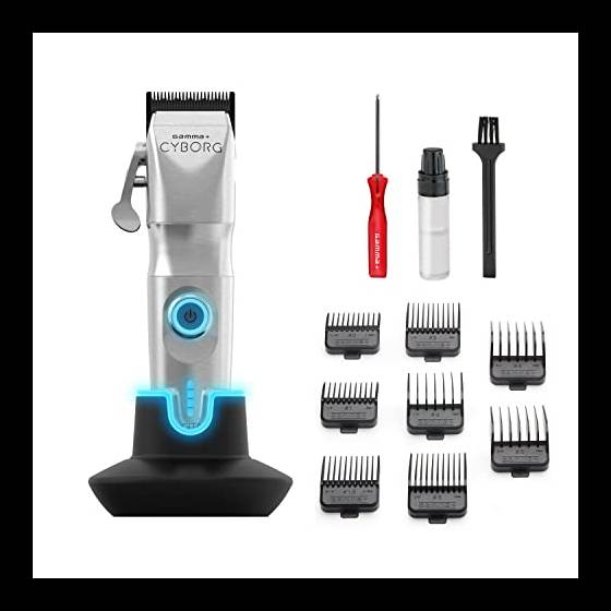 GAMMAPIÙ Cyborg Tagliacapelli Uomo Professionale, Clipper con Motore Digitale Brushless, 200 Min. Autonomia Senza Fili, 2 Leve Lama Regolabile 0 Gap, 8 Pettini, Base di Ricarica, Corpo in Metallo